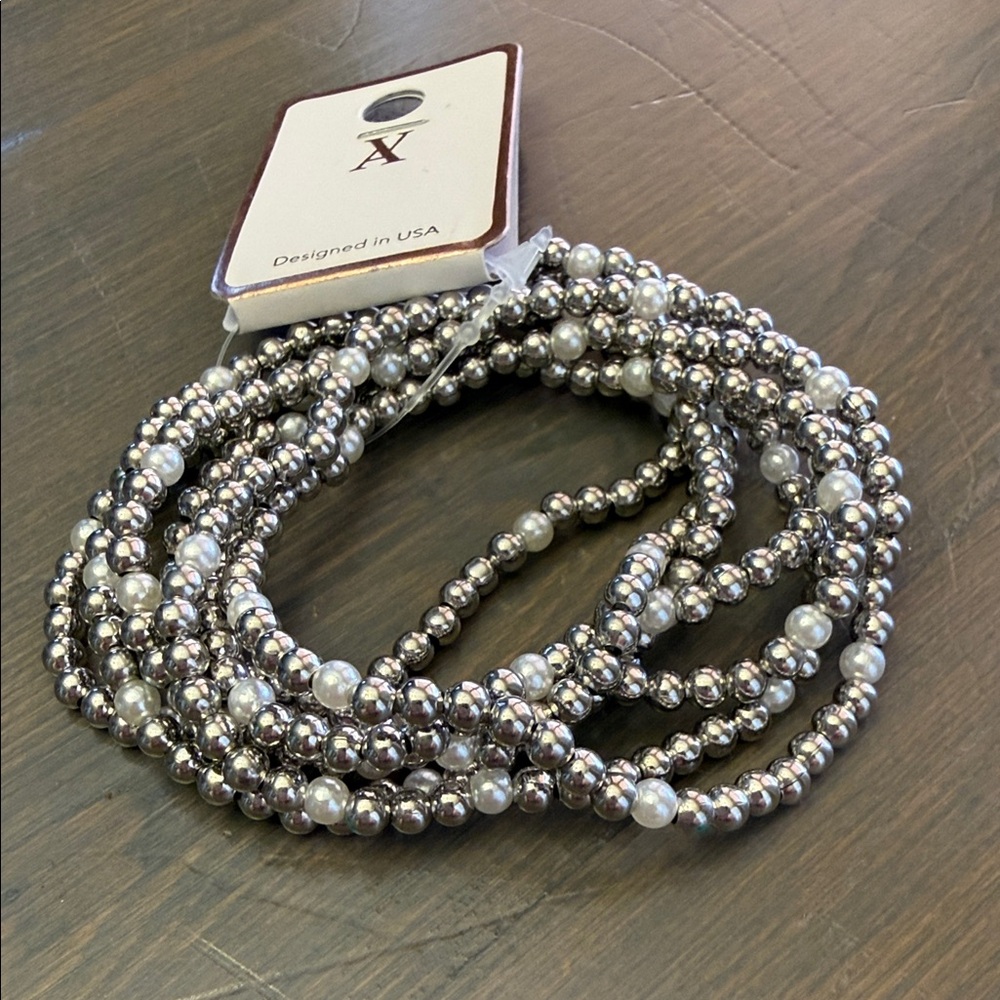 Silver and White Beaded Bracelet Set
